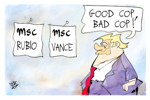 Cartoon: MSC (medium) by Kostas Koufogiorgos tagged karikatur,koufogiorgos,msc,trump,vance,rubio,cop,usa,karikatur,koufogiorgos,msc,trump,vance,rubio,cop,usa