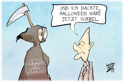 Cartoon: Neuwahlen (medium) by Kostas Koufogiorgos tagged karikatur,koufogiorgos,neuwahl,halloween,sensenmann,reaper,scholz,ampel,tod,karikatur,koufogiorgos,neuwahl,halloween,sensenmann,reaper,scholz,ampel,tod