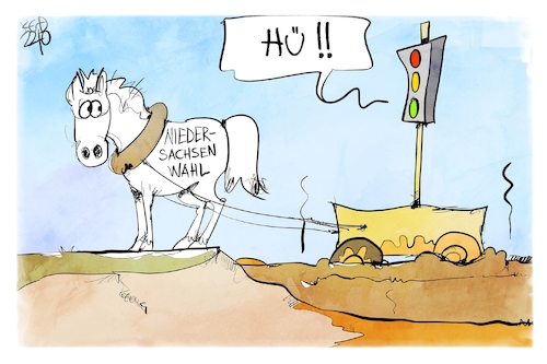 Cartoon: Niedersachsen-Wahl (medium) by Kostas Koufogiorgos tagged karikatur,koufogiorgos,ampel,pferd,kutsche,karre,schlamm,wappentier,karikatur,koufogiorgos,ampel,pferd,kutsche,karre,schlamm,wappentier