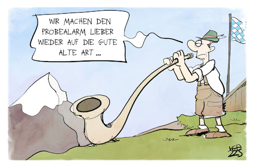 Cartoon: Probealarm in Bayern (medium) by Kostas Koufogiorgos tagged karikatur,koufogiorgos,bayern,alarm,sirene,alphorn,blasinstrument,karikatur,koufogiorgos,bayern,alarm,sirene,alphorn,blasinstrument