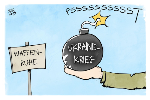 Cartoon: Psst... Waffenruhe! (medium) by Kostas Koufogiorgos tagged karikatur,koufogiorgos,waffenruhe,krieg,ukraine,bombe,explosiv,karikatur,koufogiorgos,waffenruhe,krieg,ukraine,bombe,explosiv