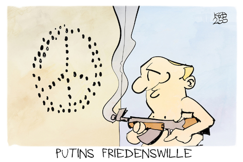 Cartoon: Putins Friedenswille (medium) by Kostas Koufogiorgos tagged karikatur,koufogiorgos,putin,frieden,waffenruhe,russland,zeichen,peace,karikatur,koufogiorgos,putin,frieden,waffenruhe,russland,zeichen,peace