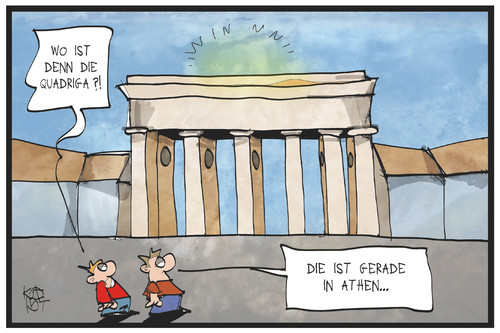 Cartoon: Quadriga in Athen (medium) by Kostas Koufogiorgos tagged karikatur,koufogiorgos,illustration,cartoon,quadriga,athen,berlin,griechenland,institutionen,ezb,esm,eu,iwf,schuldenkrise,europa,gläubiger,brandenburger,tor,wahrzeichen,denkmal,politik,karikatur,koufogiorgos,illustration,cartoon,quadriga,athen,berlin,griechenland,institutionen,ezb,esm,eu,iwf,schuldenkrise,europa,gläubiger,brandenburger,tor,wahrzeichen,denkmal,politik