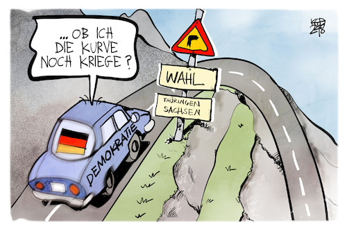 Cartoon: Rechtskurve (medium) by Kostas Koufogiorgos tagged karikatur,koufogiorgos,sachsen,thüringen,deutschland,rechtskurve,strasse,auto,karikatur,koufogiorgos,sachsen,thüringen,deutschland,rechtskurve,strasse,auto