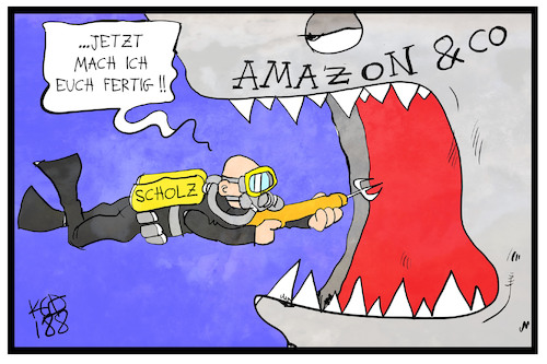 Cartoon: Scholz greift an (medium) by Kostas Koufogiorgos tagged amazon,scholz,konzern,firma,finanzen,karikatur,koufogiorgos,amazon,scholz,konzern,firma,finanzen,karikatur,koufogiorgos