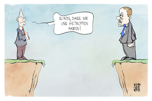 Cartoon: Scholz und Erdogan begegnen sich (medium) by Kostas Koufogiorgos tagged karikatur,koufogiorgos,scholz,erdogan,begegnung,kluft,graben,tuerkei,karikatur,koufogiorgos,scholz,erdogan,begegnung,kluft,graben,tuerkei