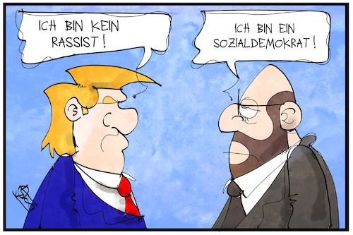 Cartoon: Schulz und Trump (medium) by Kostas Koufogiorgos tagged karikatur,koufogiorgos,illustration,cartoon,trump,rassismus,schulz,spd,luege,politiker,usa,präsident,partei,sozialdemokrat,karikatur,koufogiorgos,illustration,cartoon,trump,rassismus,schulz,spd,luege,politiker,usa,präsident,partei,sozialdemokrat