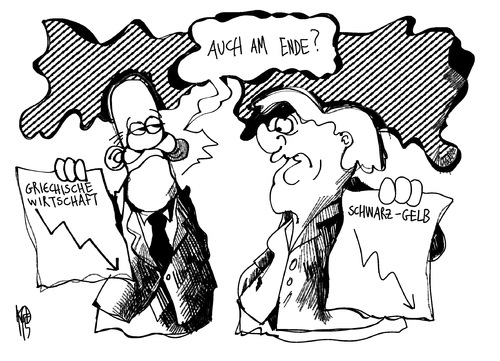 Cartoon: Schwarz-Gelb (medium) by Kostas Koufogiorgos tagged cdu,fdp,schwarz,merkel,landtagswahl,bremen,wirtschaft,griechenland,absturz,papandreou