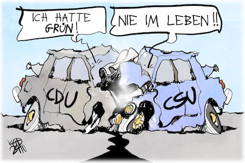 Cartoon: Schwarz-Grün (medium) by Kostas Koufogiorgos tagged karikatur,koufogiorgos,schwarz,grün,mpel,auto,union,cdu,csu,karikatur,koufogiorgos,schwarz,grün,mpel,auto,union,cdu,csu