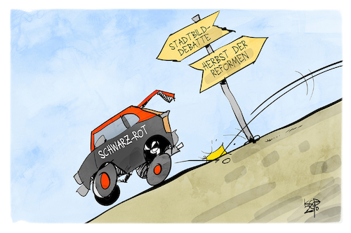 Schwarz-Rot (medium) Cartoon: Schwarz-Rot (medium) by Kostas Koufogiorgos tagged karikatur,koufogiorgos,schwarzrot,regierung,stadtbilddebatte,herbst,reformen,berg,wegweiser,karikatur,koufogiorgos,schwarzrot,regierung,stadtbilddebatte,herbst,reformen,berg,wegweiser