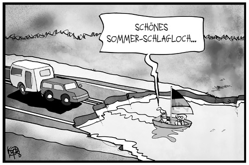 Cartoon: Sommer-Schlagloch (medium) by Kostas Koufogiorgos tagged wasser,segeln,wohnwagen,camping,ferien,urlauber,infrastruktur,schaden,urlaub,strasse,schlagloch,sommerloch,cartoon,illustration,koufogiorgos,karikatur,karikatur,koufogiorgos,illustration,cartoon,sommerloch,schlagloch,strasse,urlaub,schaden,infrastruktur,urlauber,ferien,camping,wohnwagen,segeln,wasser