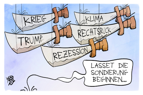 Cartoon: Sondierungsgespräche (medium) by Kostas Koufogiorgos tagged karikatur,koufogiorgos,sondierung,union,spd,damokles,bedrohung,krieg,klima,trump,rezession,karikatur,koufogiorgos,sondierung,union,spd,damokles,bedrohung,krieg,klima,trump,rezession