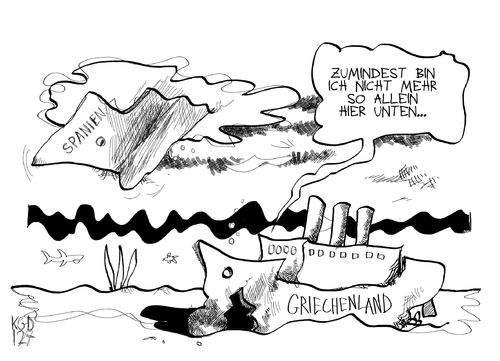 Cartoon: Spanien und Griechenland (medium) by Kostas Koufogiorgos tagged spanien,griechenland,euro,schulden,krise,untergang,schiff,wirtschaft,karikatur,kostas,koufogiorgos