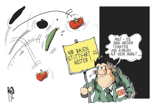 Cartoon: Stuttgart 21 (medium) by Kostas Koufogiorgos tagged stuttgart 21,projekt,bahn,infrastruktur,tomaten,gurken,protest,demonstration,baden,stuttgart,21