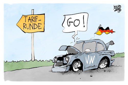 Cartoon: Tarifrunde (medium) by Kostas Koufogiorgos tagged karikatur,koufogiorgos,ig,metall,gewerkschaft,vw,auto,panne,wirtschaft,karikatur,koufogiorgos,ig,metall,gewerkschaft,vw,auto,panne,wirtschaft