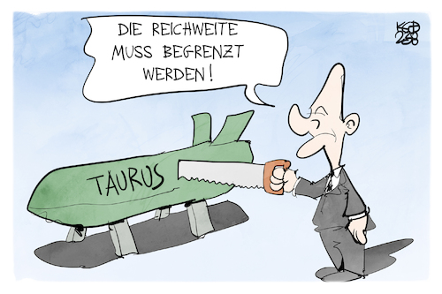 Cartoon: Taurus-Reichweite (medium) by Kostas Koufogiorgos tagged karikatur,koufogiorgos,taurus,scholz,reichweite,säge,karikatur,koufogiorgos,taurus,scholz,reichweite,säge