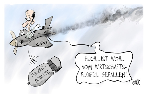 Cartoon: Teilzeit-Debatte (medium) by Kostas Koufogiorgos tagged karikatur,koufogiorgos,teilzeit,union,cdu,wirtschaftsfluegel,flugzeug,merz,bombe,karikatur,koufogiorgos,teilzeit,union,cdu,wirtschaftsfluegel,flugzeug,merz,bombe