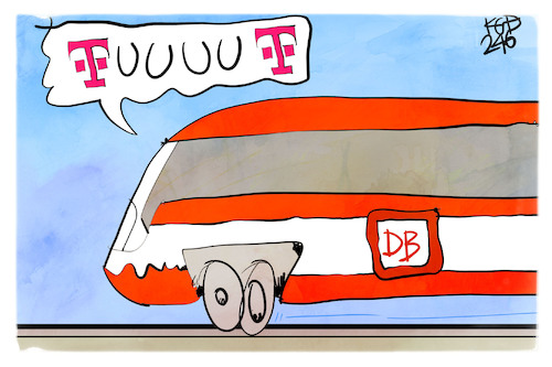 Cartoon: Telekom goes Bahn (medium) by Kostas Koufogiorgos tagged karikatur,koufogiorgos,bahn,telekom,zug,telefon,tut,signal,karikatur,koufogiorgos,bahn,telekom,zug,telefon,tut,signal