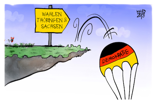 Cartoon: Thüringen und Sachsen (medium) by Kostas Koufogiorgos tagged karikatur,koufogiorgos,fallschirm,sachsen,thüringen,deutschland,abgrund,demokratie,karikatur,koufogiorgos,fallschirm,sachsen,thüringen,deutschland,abgrund,demokratie