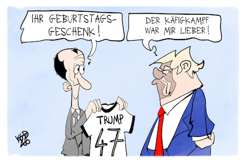 Cartoon: Trumps Geburtstag (medium) by Kostas Koufogiorgos tagged karikatur,koufogiorgos,trump,merz,g7,geburtstag,käfigkampf,karikatur,koufogiorgos,trump,merz,g7,geburtstag,käfigkampf
