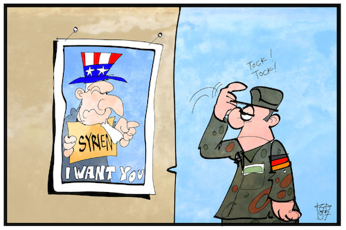Cartoon: Truppen nach Syrien (medium) by Kostas Koufogiorgos tagged die,usa,will,deutsche,bodentruppen,in,syrien,die,usa,will,deutsche,bodentruppen,in,syrien