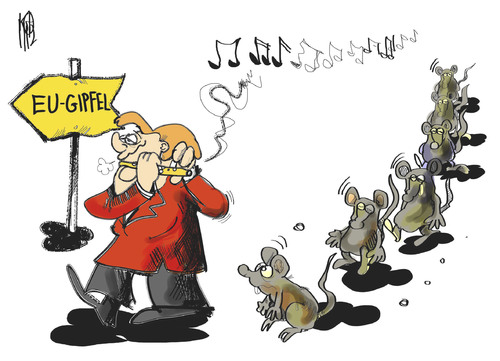 Cartoon: Vor dem EU-Gipfel (medium) by Kostas Koufogiorgos tagged europa,deutschland,rolle,europe,role,leading,germany,krise,euro,führungsrolle,leadership,crisis,zeit,führungsanspruch,eu,gipfel,bruessel,merkel,rattenfaenger,hameln,maerchen,ratte,floete,tanzen,karikatur,kostas,koufogiorgos,eu,gipfel,merkel,rattenfänger,hameln,euro,krise,europa