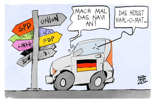 Cartoon: Wahl-O-Mat (medium) by Kostas Koufogiorgos tagged karikatur,koufogiorgos,wahlomat,richtung,gps,wahl,auto,karikatur,koufogiorgos,wahlomat,richtung,gps,wahl,auto