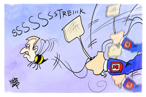 Cartoon: Wespelsky streiks again (medium) by Kostas Koufogiorgos tagged karikatur,koufogiorgos,weselsky,klatsche,bahn,insekt,karikatur,koufogiorgos,weselsky,klatsche,bahn,insekt