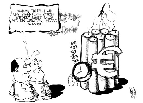 Cartoon: Zeitbombe Eurozone (medium) by Kostas Koufogiorgos tagged euro,zone,schulden,krise,merkel,hollande,europa,bombe,karikatur,kostas,koufogiorgos,euro,zone,schulden,krise,merkel,hollande,europa,bombe,karikatur,kostas,koufogiorgos