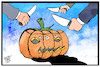 Cartoon: CDU-Vorsitz (small) by Kostas Koufogiorgos tagged karikatur,koufogiorgos,illustration,cartoon,cdu,kürbis,halloween,vorsitz,merkel,nachfolge,aufteilen,messer,partei,politik