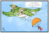 Cartoon: Katarina Barley (small) by Kostas Koufogiorgos tagged karikatur,koufogiorgos,illustration,cartoon,barley,eu,groko,absprung,flugzeug,fallschirm,politik,spd