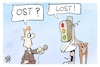 Cartoon: Ost-Lost (small) by Kostas Koufogiorgos tagged karikatur,koufogiorgos,ampel,ost,lost,interview,journalist,wahlergebnis,thüringen,sachsen