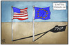 Cartoon: TTIP (small) by Kostas Koufogiorgos tagged karikatur koufogiorgos illustration cartoon eu usa ttip freihandelsabkommen schattenverhandlung wirtschaft politik fahne flagge