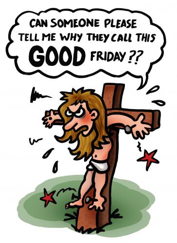 Cartoon: Angry Jesus (medium) by illustrator tagged jesus,good,friday,angry,christ,mad,pain,cross,unhappy,cartoon,illustration,illustrator,welleman,gag,satire,wondering,upset,religion,belief