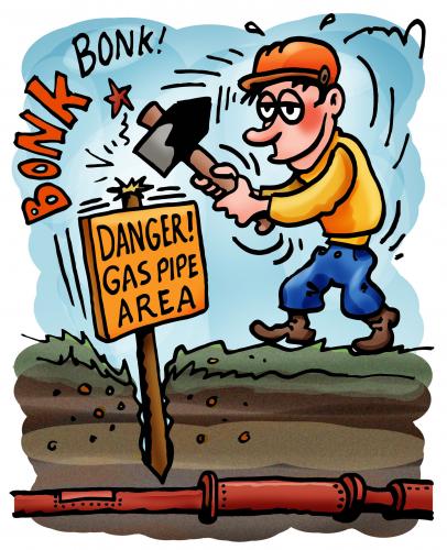 Cartoon: gas pipe (medium) by illustrator tagged pipe,gas,pole,sign,worker,construction,field,ground,slam,hammer,force,danger,accident,explosion,leak,cartoon,gag,satire,cartoonist,illustration,illustrator,peter,welleman,mindless,ignorant,stupid