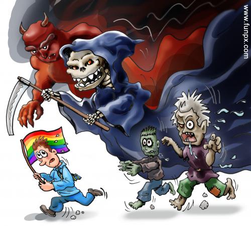 Cartoon: homophobic run (medium) by illustrator tagged freedom,gay,flag,run,flight,ghosts,ghost,demon,devil,zomby,homophobic,homofobic,gays,queer,queers,freiheit,fröhlicher,fahnenlauffluggeistgeist,dämonischer,teufel,homophobe,schwulen,schwul,gleichgeschlechtlich,geschlecht,homo,homosexualität,homosexuell,homosexueller,gleichgeschlechtliche en,männerbünde,männerfreundschaft,neigung,schwule,sexualität,dämon,geister,monster,ungeheuer,sensenmann,teufel,hölle,homophobe,freiheit,homophobie,angst,rassismus,menschenfeindlichkeit,feind,feindlichkeit,verachtung,hetze,verfolgung,jagen,abneigung,diskriminierung,soziologie,panik,regenbogenfahne,gesellschaft,gleichgeschlechtliche,lebensweisen,en