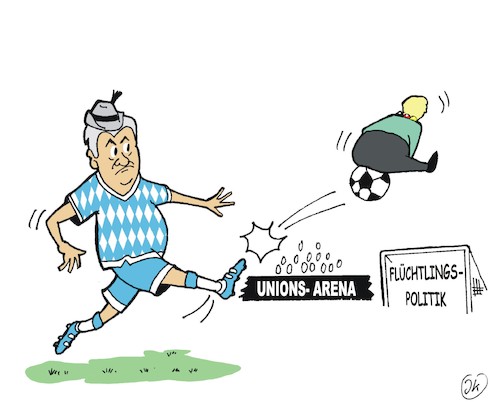 Cartoon: Anstoß (medium) by JotKa tagged masterplan,flüchtlingspolitik,union,cdu,csu,seehofer,merkel,fussball,wm,masterplan,flüchtlingspolitik,union,cdu,csu,seehofer,merkel,fussball,wm
