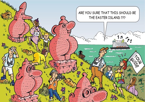 Cartoon: Easter Island? (medium) by JotKa tagged easter,island,vacation,travel,tourist,line,ships,cruises,entertainment,shore,excursions,fallacy,sun,sea,sculptures
