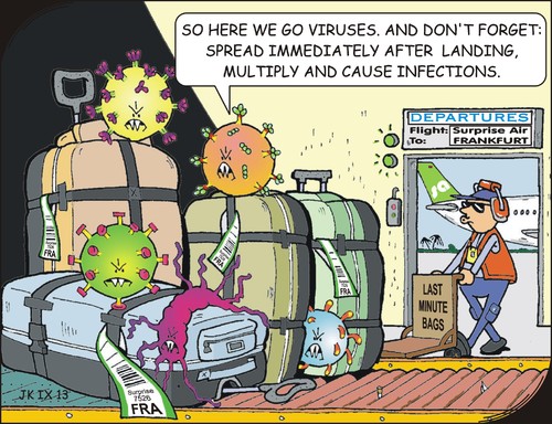 Cartoon: Global travel (medium) by JotKa tagged holiday,travel,travelling,tropical,hygiene,disease,viruses,plague,bacteria,epidemic,infections,suitcase,luggage,infect,contagious,quarantine