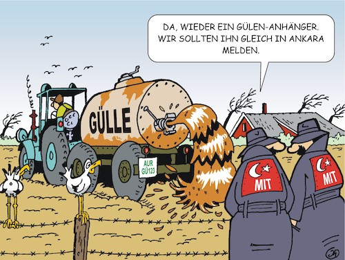 Cartoon: Landwirte im Visier (medium) by JotKa tagged landwirte,bauern,gülle,jauche,fäkalien,düngung,dünger,türkey,erdogan,gülen,geheimdienste,spionage,referendum,mit,spione