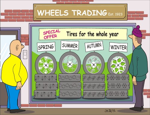 Cartoon: Tires (medium) by JotKa tagged tires,wheels,hoses,cars,service,station,trade,traffic,conveance,rubber,spring,summer,autumn,winter,holiday