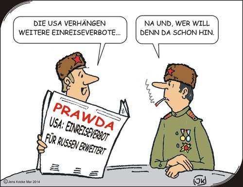 Cartoon: US Einreiseverbot (medium) by JotKa tagged wirtschaft,versorgung,pipeline,gas,oel,börsen,märkte,rohstoffe,raketenschirm,raketen,nato,sanktionen,boykott,krise,medien,schlagzeilen,steinmeier,obama,merkel,putin,strategie,wahlen,politiker,fachleute,experten,kontaktgruppe,usa,eu,russland,krim,ukraine