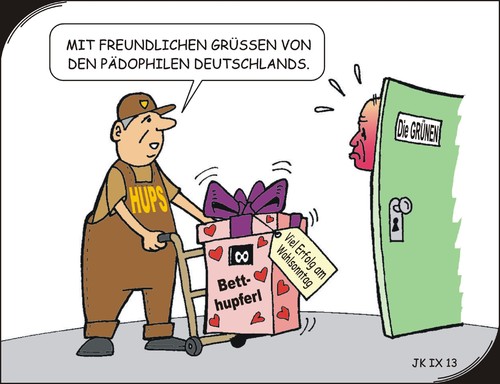 Cartoon: Wahlkampfhilfe (medium) by JotKa tagged amtsrücktritt,pädophile,grüne,fdp,csu,spd,cdu,wahlurne,wahllokal,wähler,wahlkampf,parteien,bundestag,bundestagswahlen