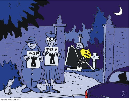Cartoon: Wake up (medium) by JotKa tagged halloween,spirits,cemetery,graves,moonlight,religion,fear,horror,terror,dog,newspaper,reminder,sects,grave,stone,dead