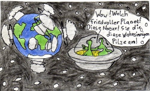 Cartoon: Pilze (medium) by Salatdressing tagged pilze,außerirdisch,außerirdische,aliens,et,ufo,unbekanntes,flugobjekt,krieg,atom,natur,pilz,friedlich,dumm,blöd,naiv,friedvoll,andere,glauben,grüne,männchen,all,weltall,dunkel,böse,weltkrieg,komisch,masianer