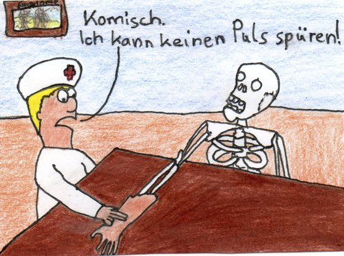 Cartoon: Puls (medium) by Salatdressing tagged puls,dumm,skelet,kein,keinen,not,dont,arzt,blöd,naiv,praxis,ärztlich,fühlen,tod,dummheit,arm,pulsschlag,ader,halsschlagader