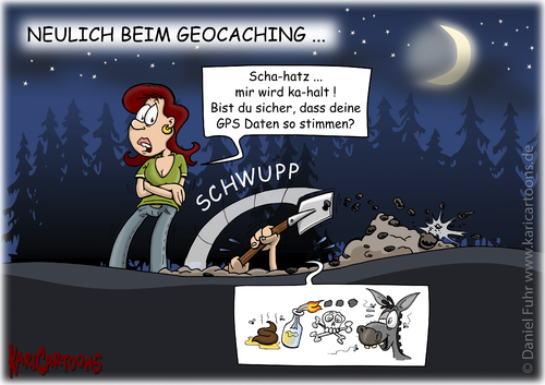 Cartoon: Geocaching (medium) by karicartoons tagged cartoon,freizeit,geocaching,gps,hobby,karicartoons,koordinaten,lustig,nacht,orientierung,schatz,schatzsuche,schnitzeljagd,suchen,versteck,wald