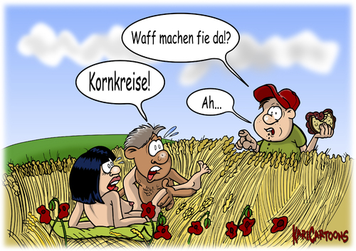 Cartoon: Kornkreise (medium) by karicartoons tagged lustig,ufo,theorie,sommer,liebe,kornkreise,korn,entstehung,weizenfeld,freien,im,kornfeld,erwischt,liebespaar,cartoon,paar