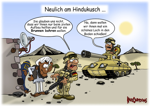Cartoon: Neulich am Hindukusch (medium) by karicartoons tagged terrorbekämpfung,taliban,soldaten,panzer,krieg,karikatur,kabul,hindukusch,einsatz,cartoon,burka,bundeswehr,afghanistan