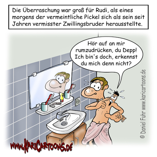 Cartoon: Zwilling (medium) by karicartoons tagged überraschung,spiegel,bad,zwillingsbruder,bruder,zwilling,pickel,cartoon